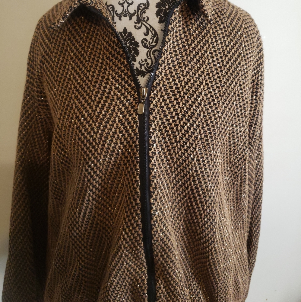 🎁5/$20 Womens Shiney jacket, Alfred Dunner, gold/black,Shiney, EUC sz16, nice